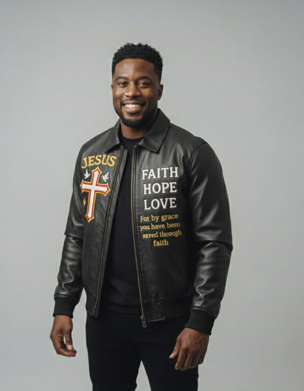 Jesus black leather jacket